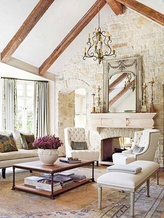 Living Room Set Stone Clad Wall Vaulted Beam Decor