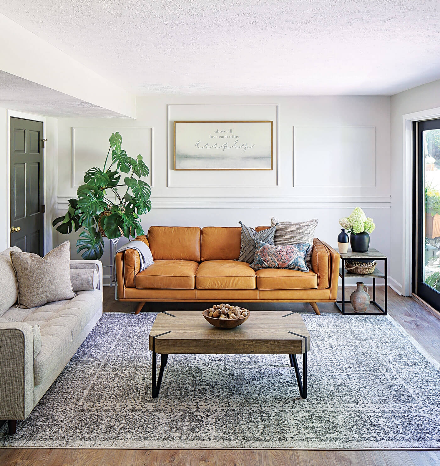 Living Room Set With Cognac Leather Farmhouse Sofa And Rug
