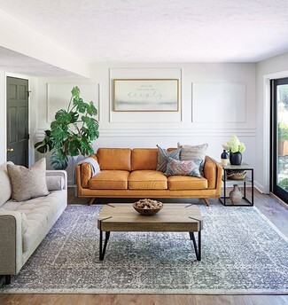 Living Room Set With Cognac Leather Farmhouse Sofa And Rug