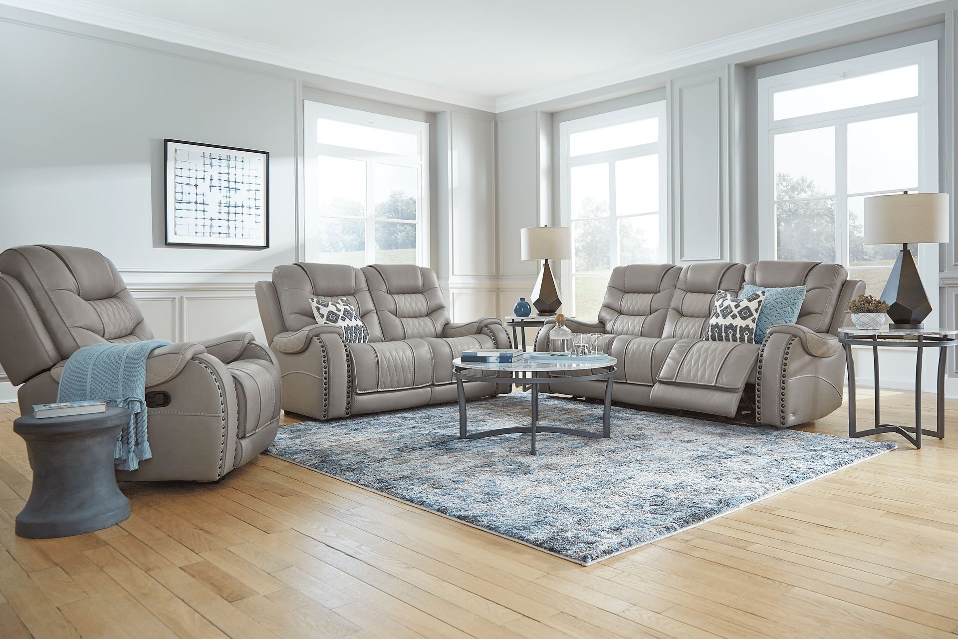 Living Room Set with Marble Metal Tables and Gray Leather Set