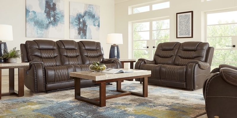 Living Room Set with Stone Topped Table and Espresso Leather Set