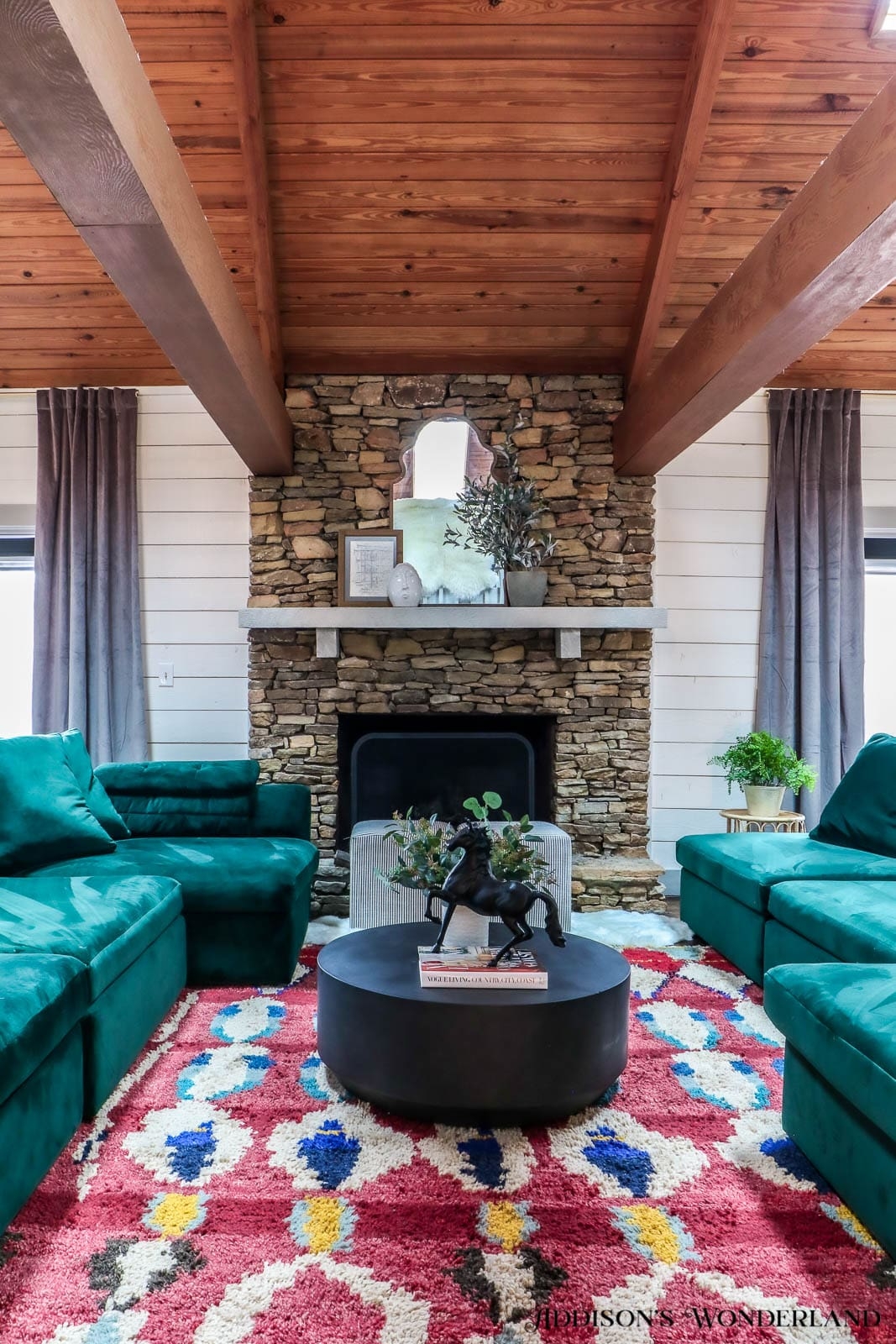 Living Room Set with Teal Velvet and Tribal Rug