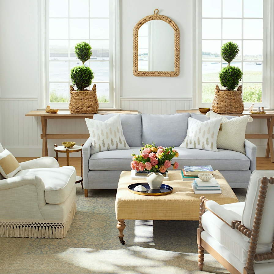 Living Room Set with Woven Ottoman and Bullion Fringe