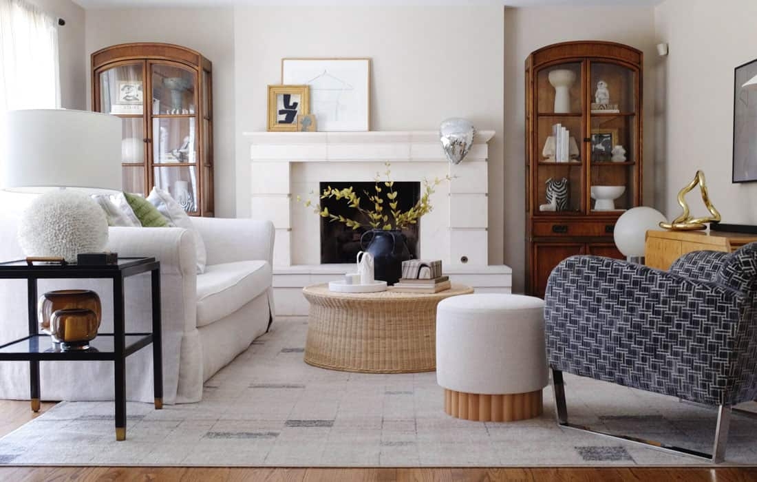 Living Room Symmetrical Layout with Arched Display Cabinets