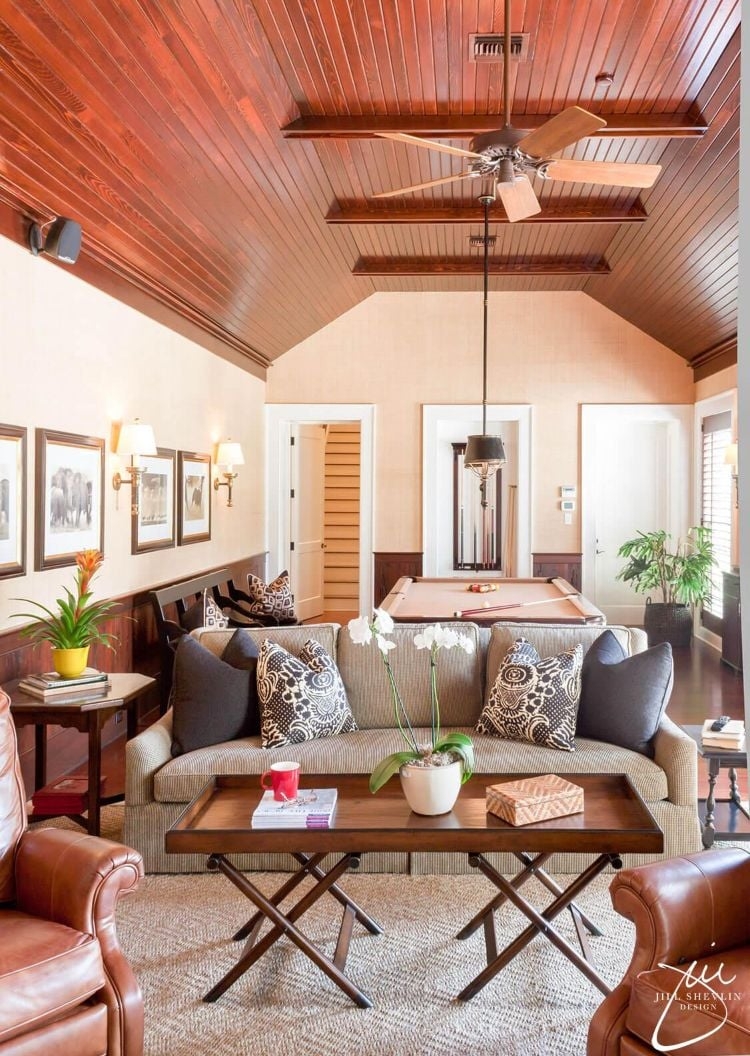 Living Room with Wood Plank Ceiling and Wood Vaulted Ceiling Design
