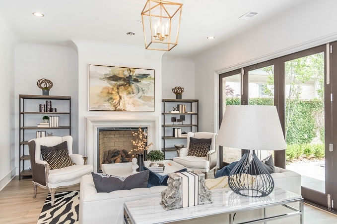 Living Room: Zebra Print Rug and Gold Lantern Pendant Lighting