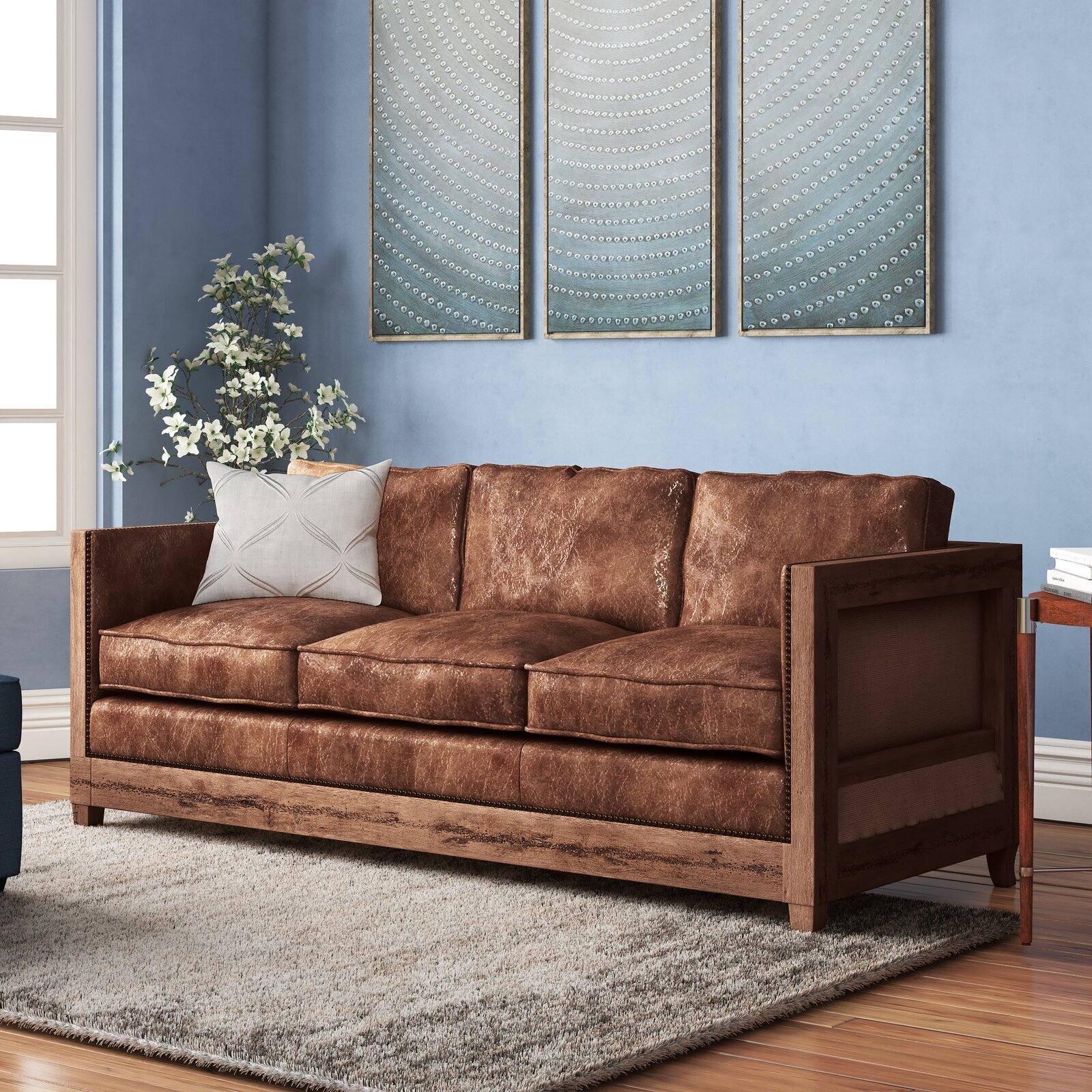 Lodge Sofa with Wood Exterior Frame and Nailheads