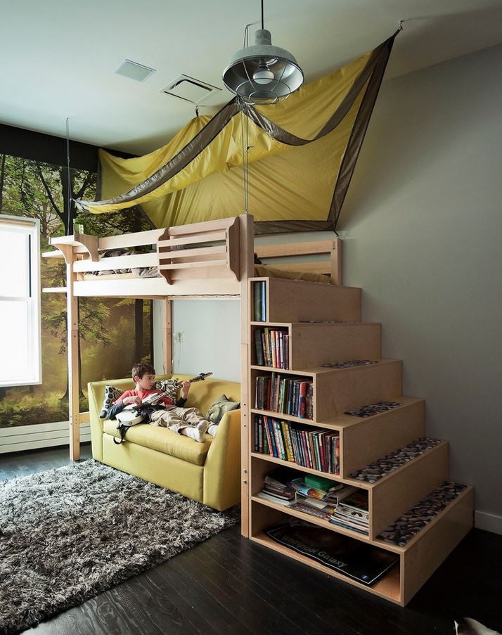 Loft Bed Bookshelf Stairs Birch Wood Underbed Couch Idea