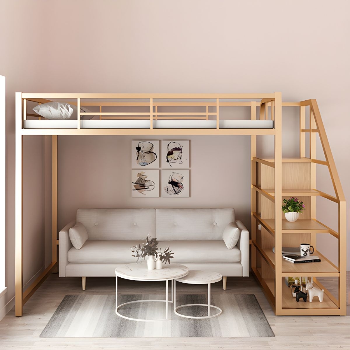 Loft Bed: Champagne Gold Frame Small Space Studio Furniture