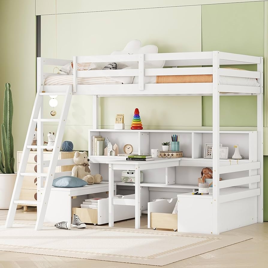 Loft Bed Featuring Built In Bench and Under Bed Drawers