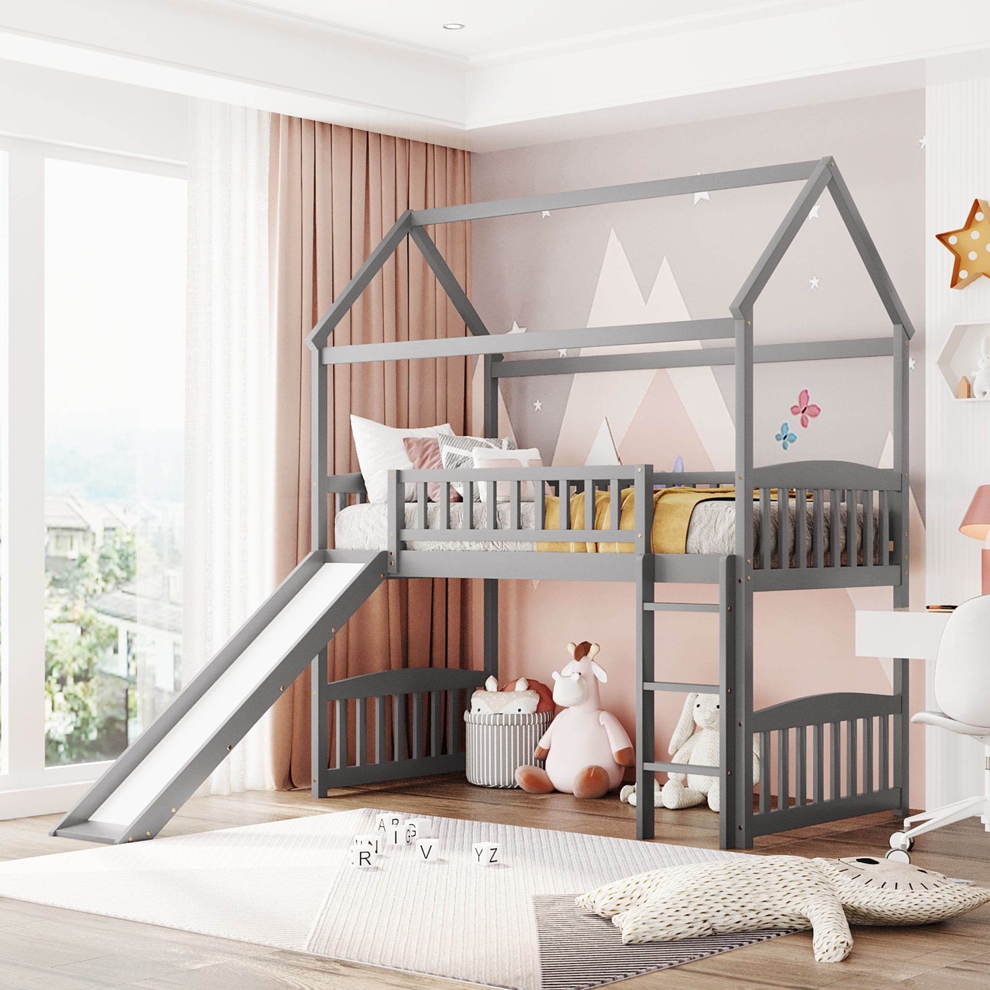 Loft Bed: Grey House Shaped Frame and Attached Play Slide