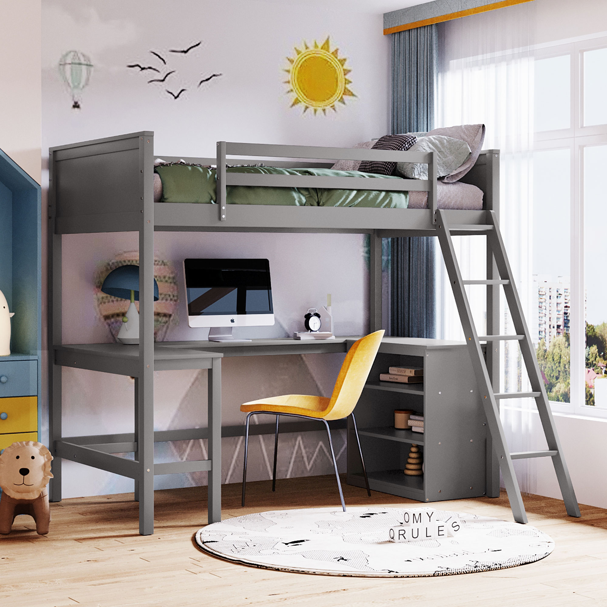 Loft Bed in Cool Grey Finish with Integrated Study Desk