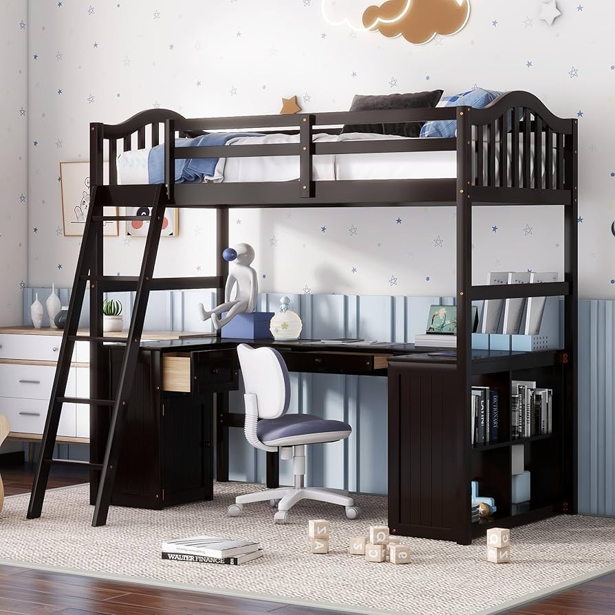 Loft Bed in Espresso Finish with Integrated L-Shaped Desk