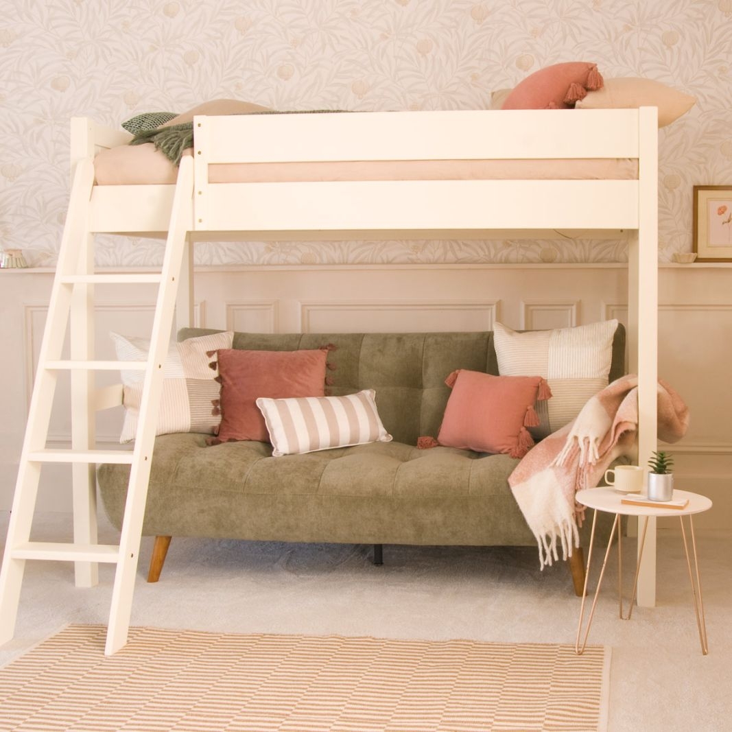Loft Bed: Ivory White Wood Boho Chic Bedroom Setup
