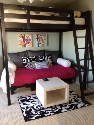 Loft Bed: Magenta Futon Under Bed Lounge Setup Nook