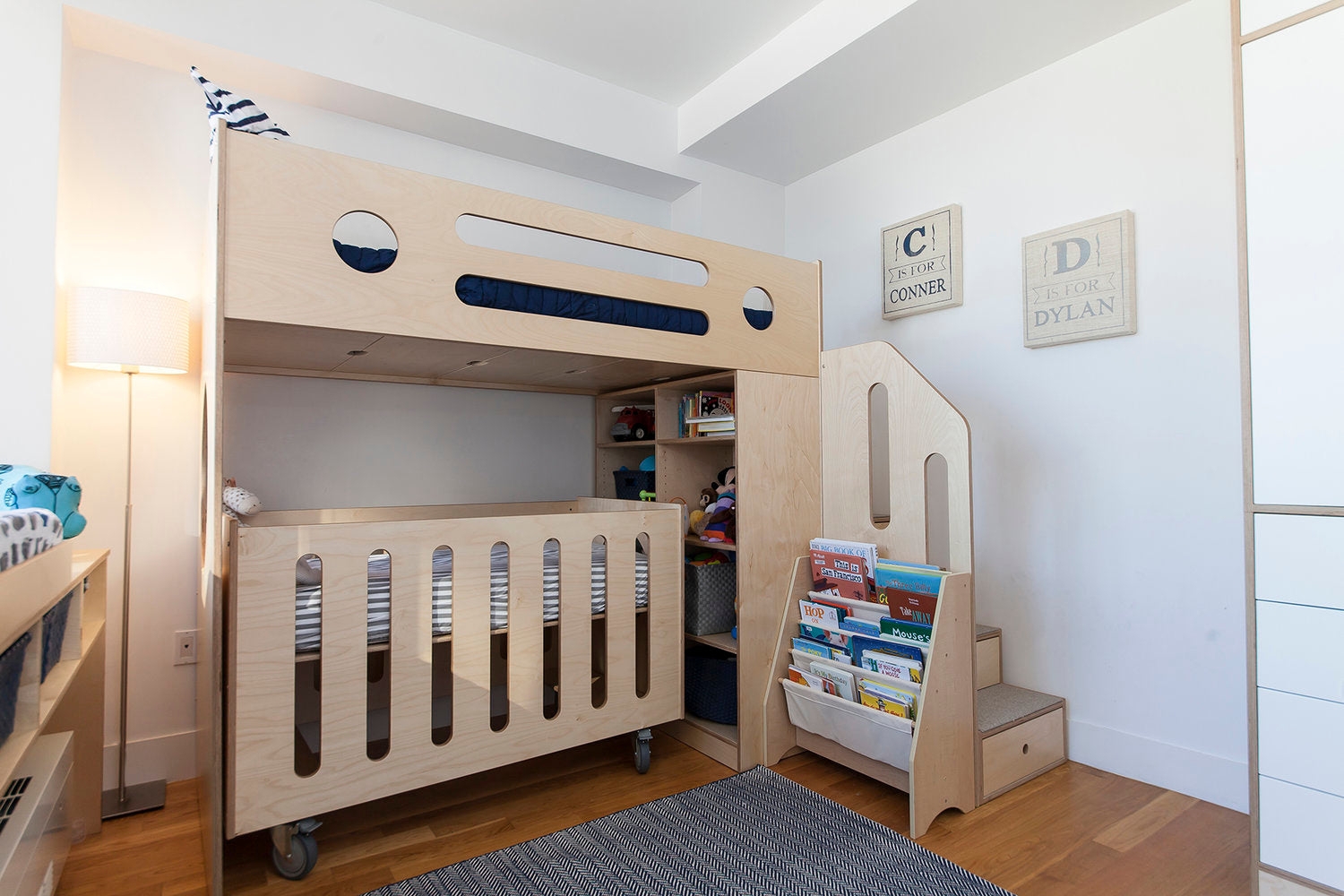 Loft Bed System: Birch Plywood Sibling Bed with Staircase Storage