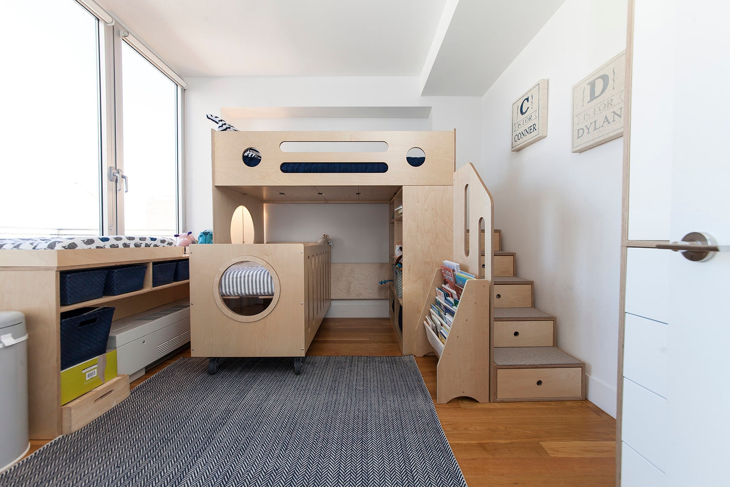 Loft Bed System: Plywood Construction with Wheeled Crib and Stairs