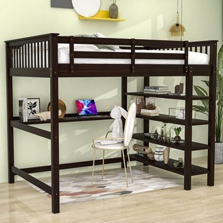 Loft Bed with Espresso Wood Finish and Built In Shelving