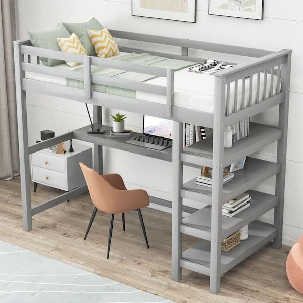 Loft Bed with Four Tier Shelving and Gray Integrated Desk