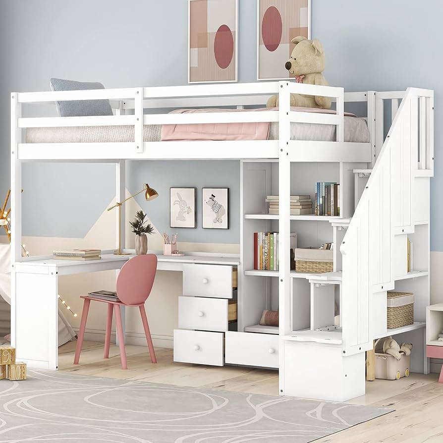 Loft Bed with Integrated Bookshelves and Storage Staircase