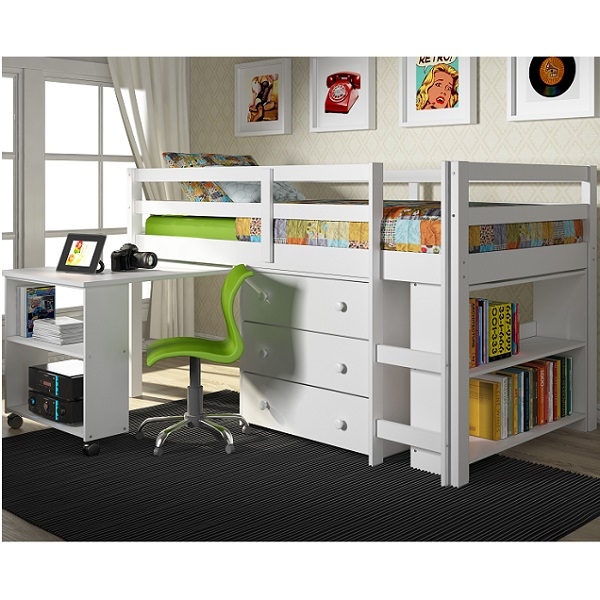 Loft Bed with Pull Out Desk and Low Loft White Storage