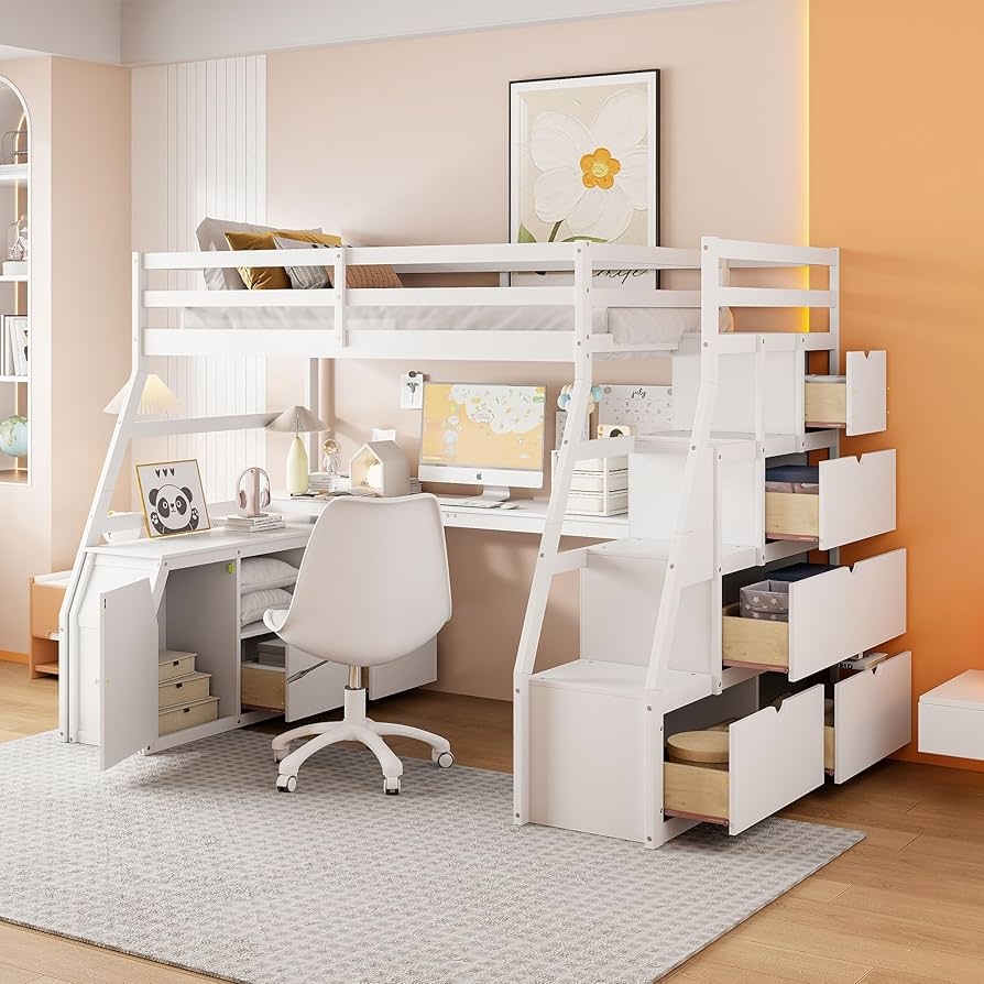 Loft Bed with Seven Integrated Drawers and L-Shaped Desk