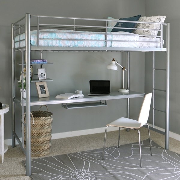 Loft Bed with Silver Metal Frame and Sliding Keyboard Tray