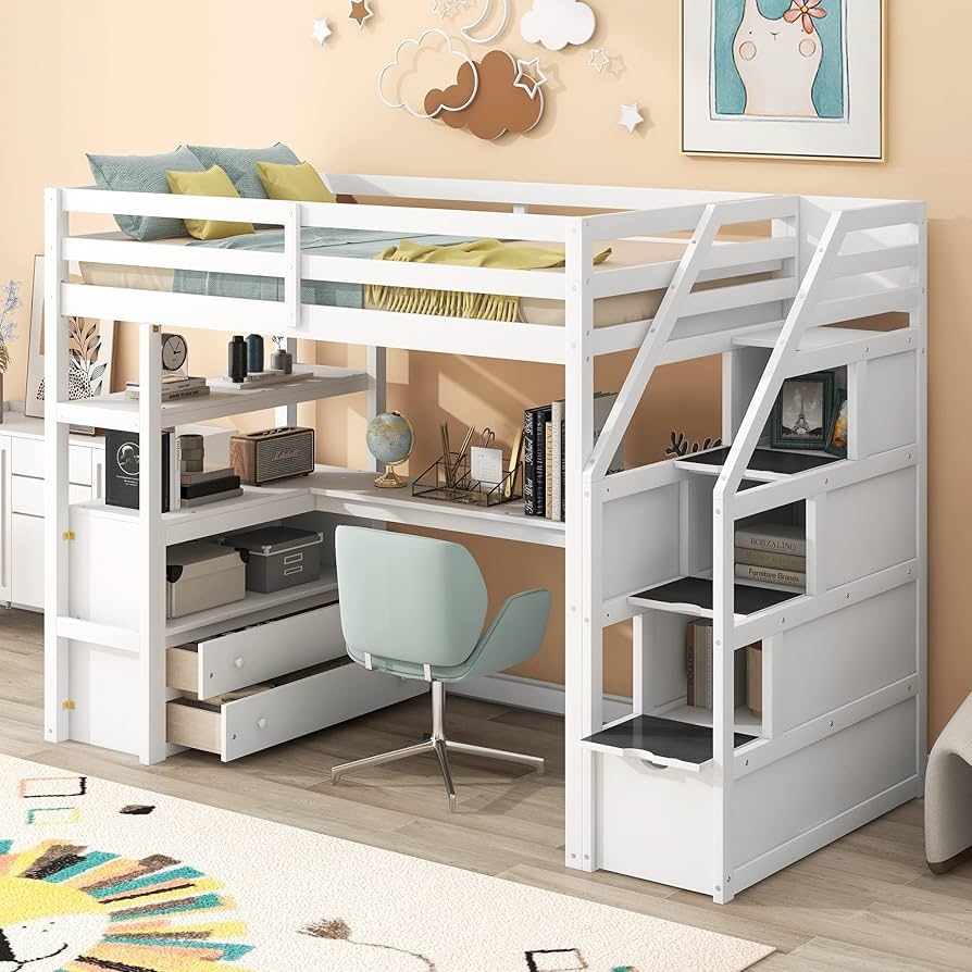 Loft Bed with Under Bed Storage and White Staircase Desk
