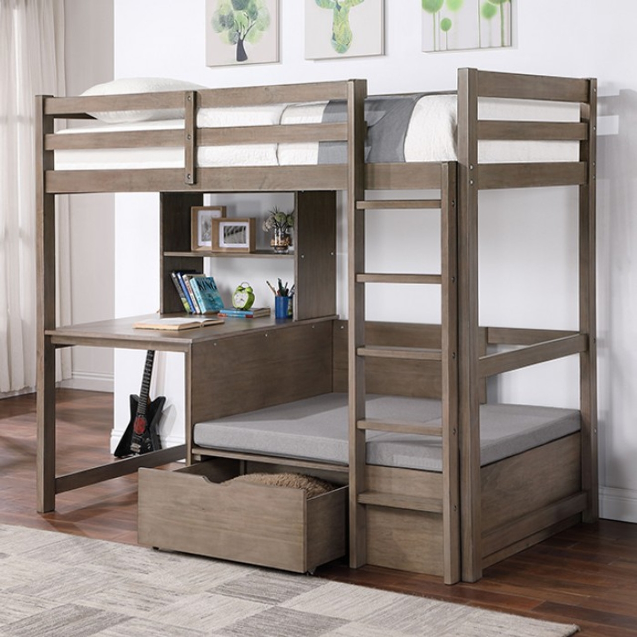 Loft Bed with Weathered Gray Finish and Under Bed Drawer