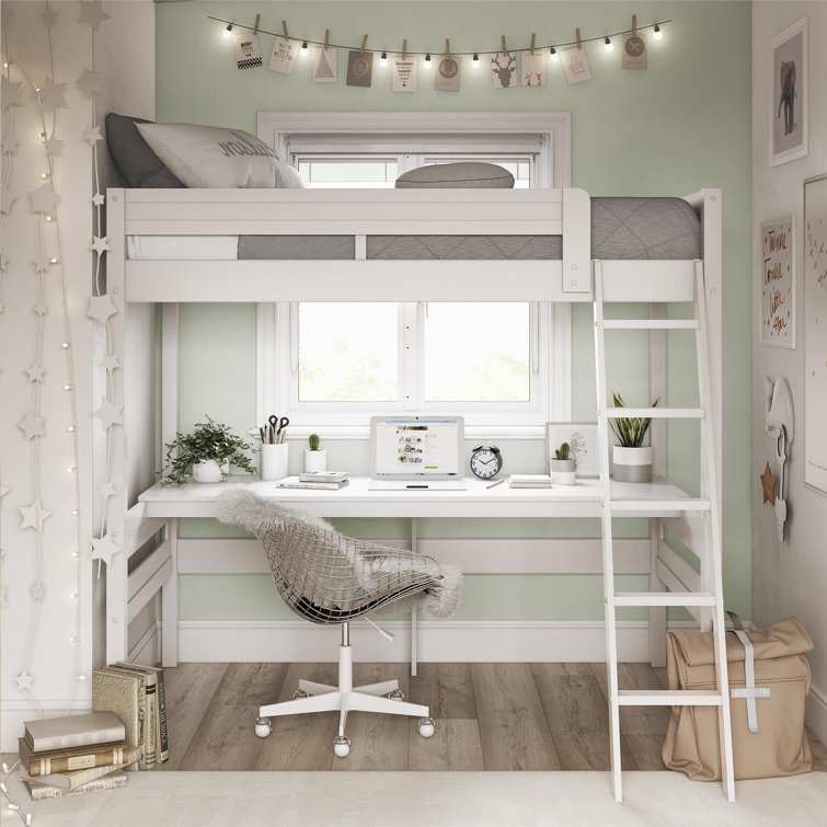 Loft Bed with White Painted Frame and Kids Study Workstation