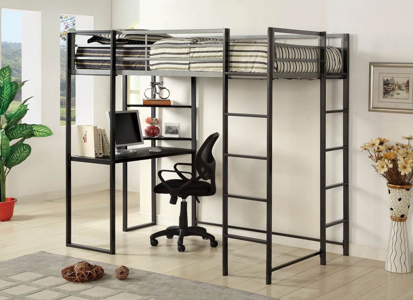 Loft Bunk Bed with Tubular Metal Frame and Industrial Desk