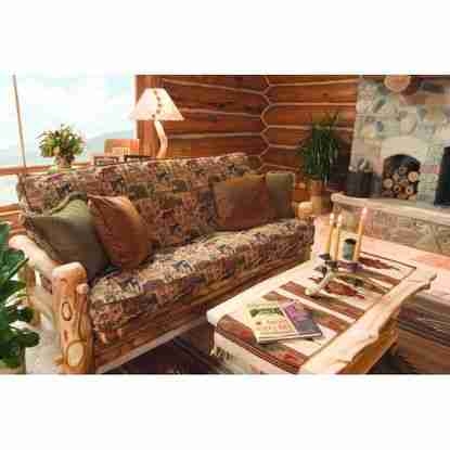 Log Sofa: Scenic Pattern Cushion and Natural Aspen Wood Seating