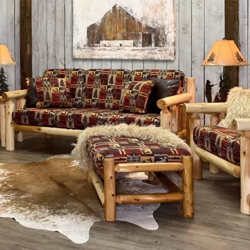 Log Sofa with Debarked Structure and Shaggy Accents