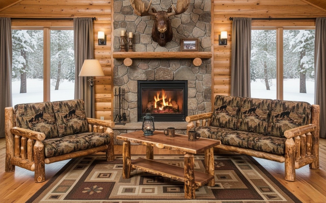 Log Sofa with Handcrafted Look and Stone Hearth