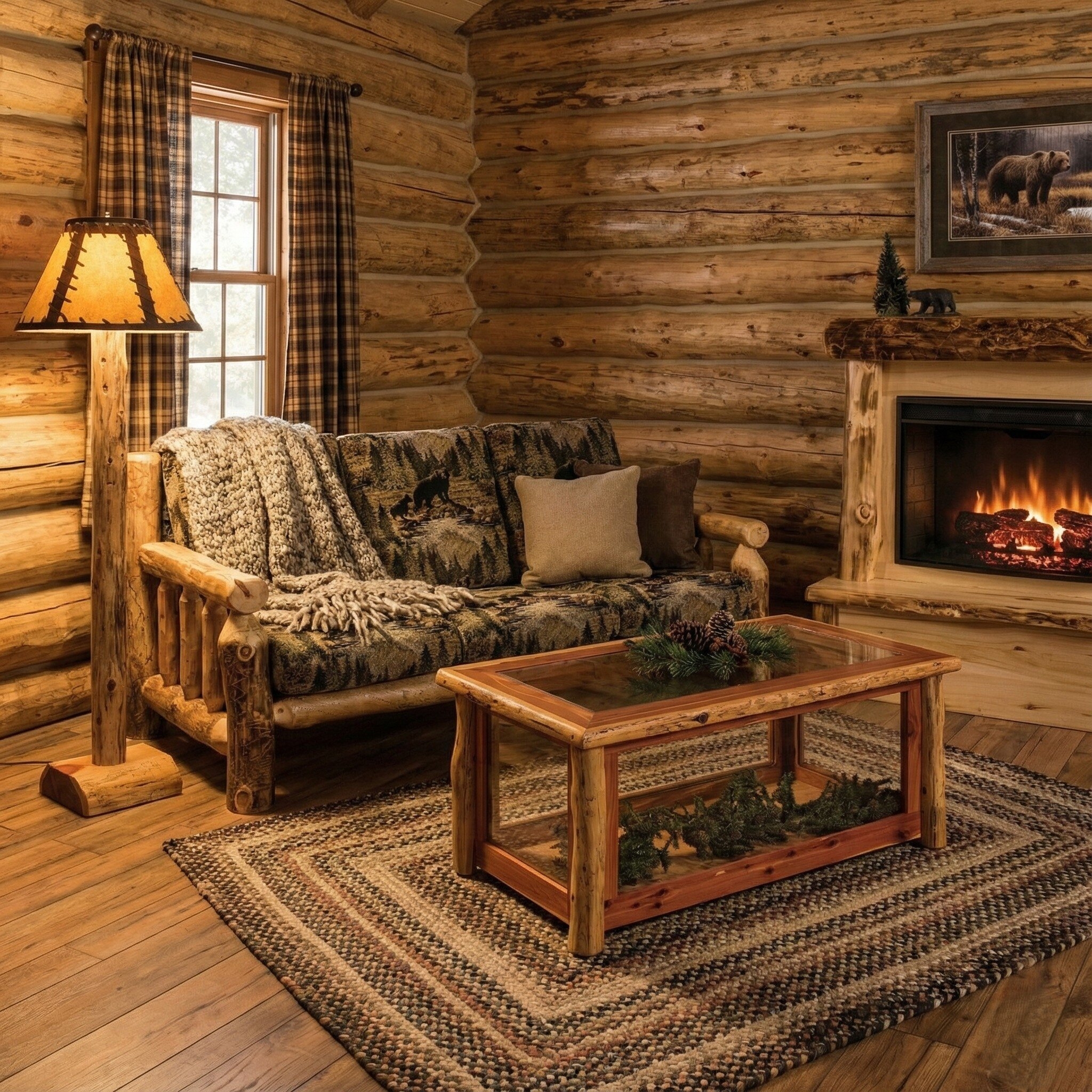 Log Sofa with Tapestry Cushions and Glass Table