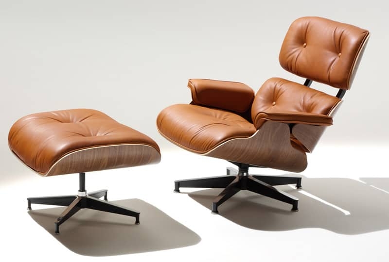 Lounge Chair Ottoman: Cognac Curved Wood Shells Tufted Seat