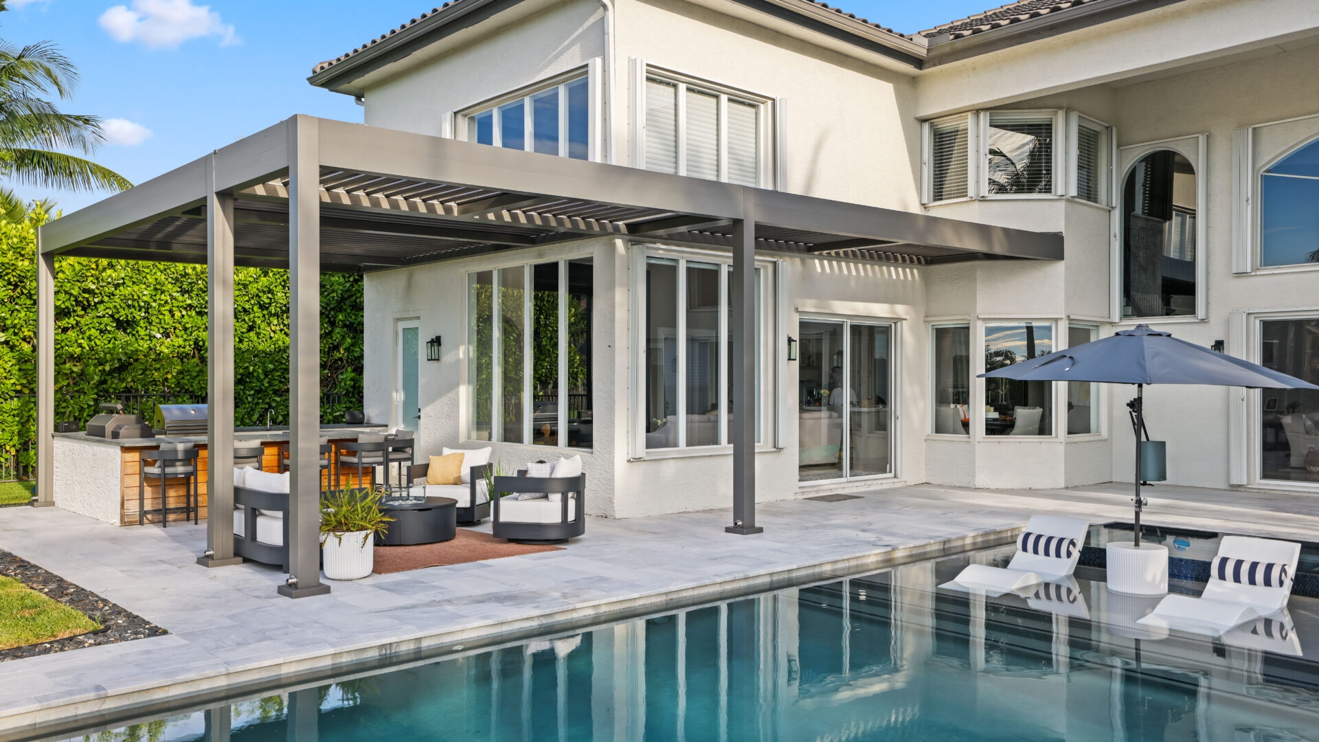 Louvered Pergola Charcoal Wrap Design with Sun Shelf
