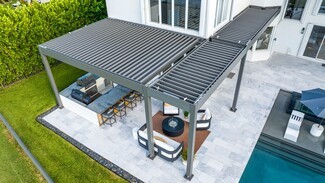 Louvered Pergola L-Shaped Charcoal Frame and Kitchen