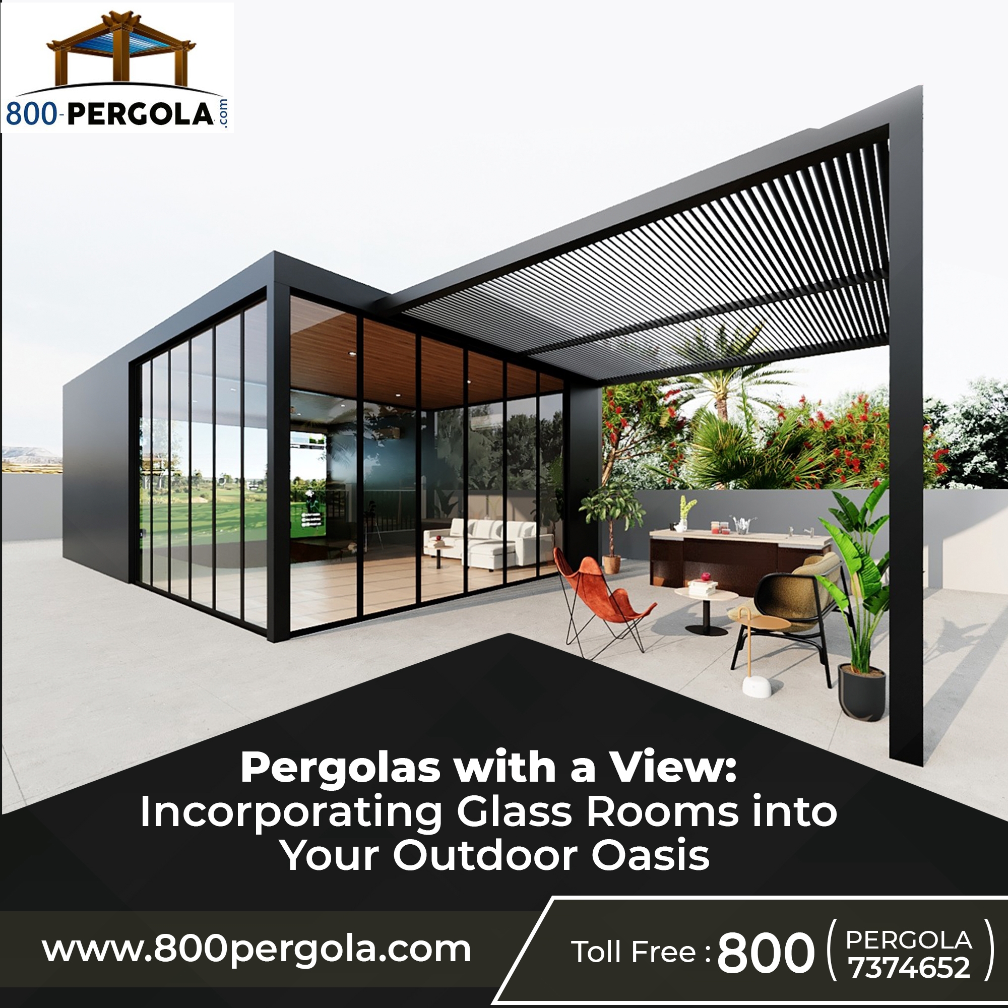 Louvered Pergola with Integrated Room: Modern Glass Sunroom