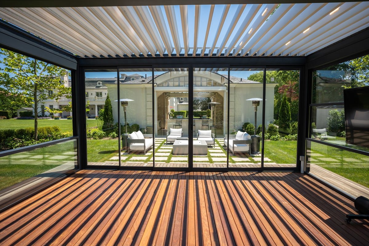 Louvered Pergola with Wood Deck: Louvered Roof Outdoor Room