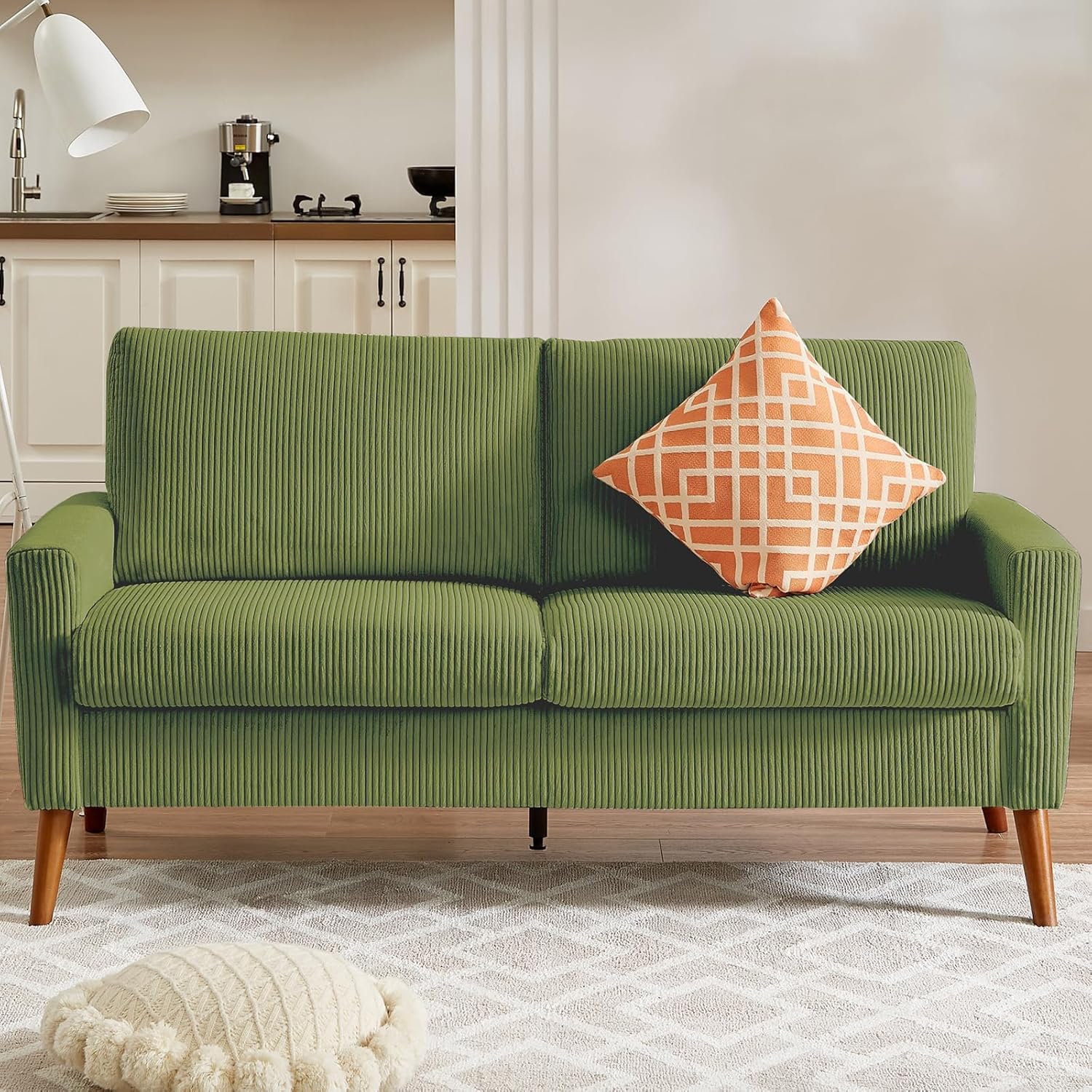 Loveseat: Olive Green Ribbed Corduroy with Tapered Legs