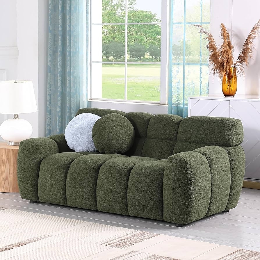 Loveseat with Bubble Silhouette in Olive Green Boucle