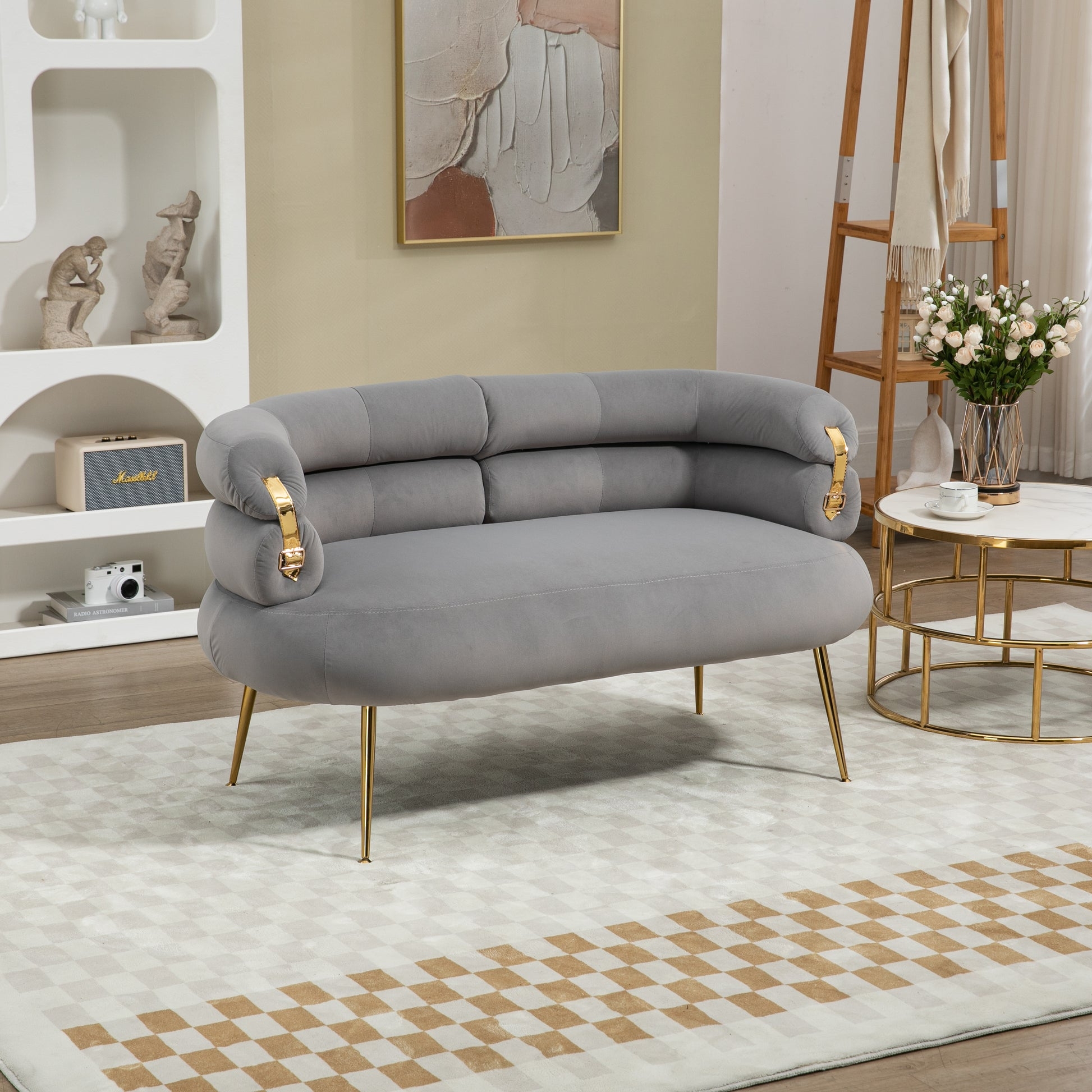 Loveseat with Buckle Accents and Grey Channel Tufted Back
