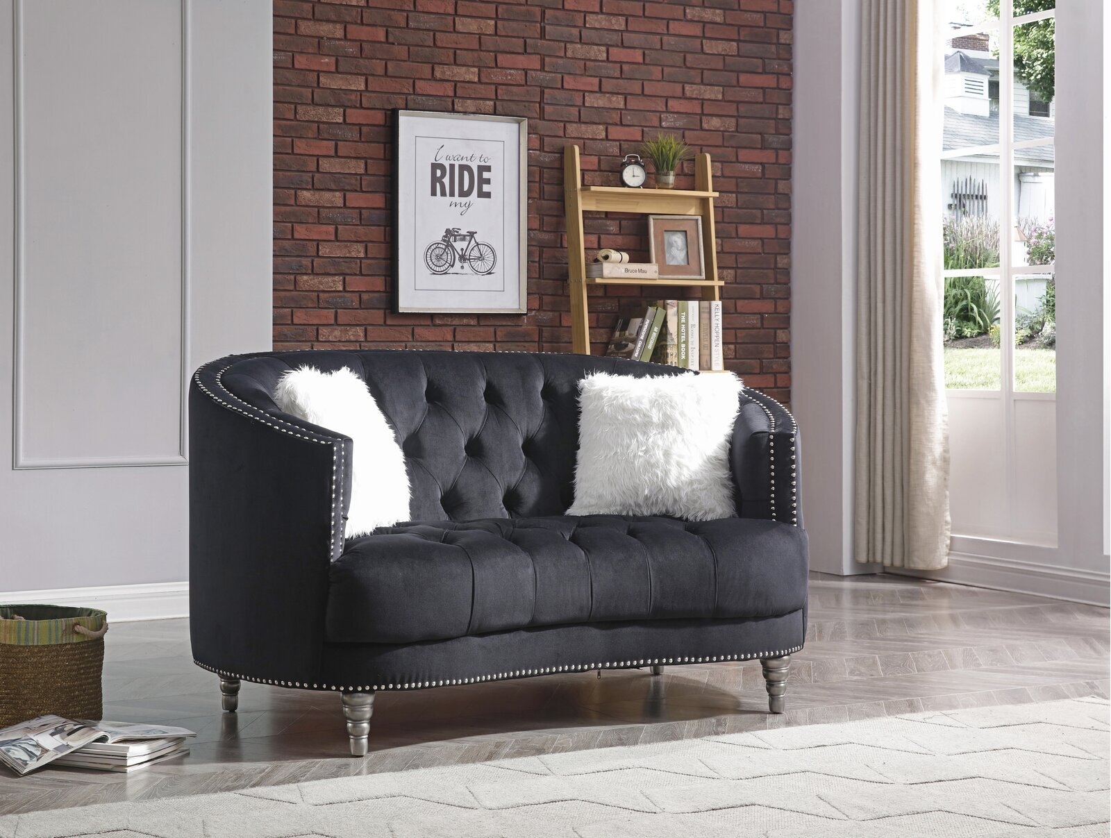 Loveseat with Nailhead Trim and Charcoal Button Tufting