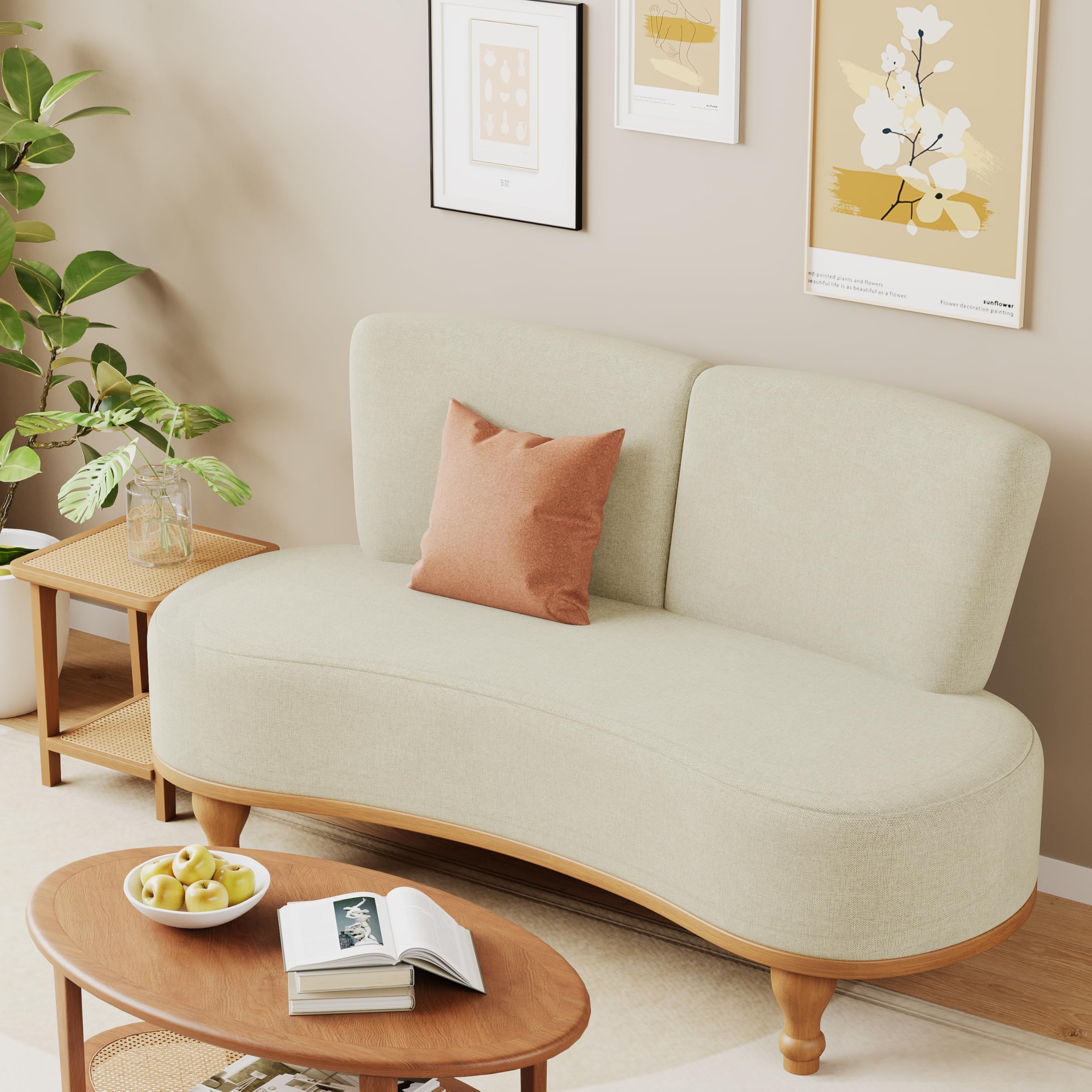Loveseat with Wooden Apron and Cream Kidney Shaped Frame