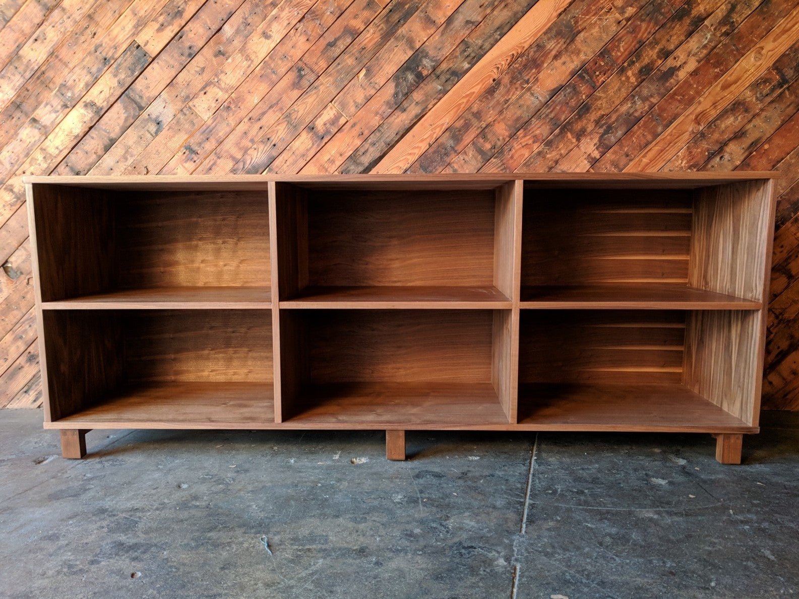 Low Bookshelf: Low Walnut Storage Unit with Six Compartments