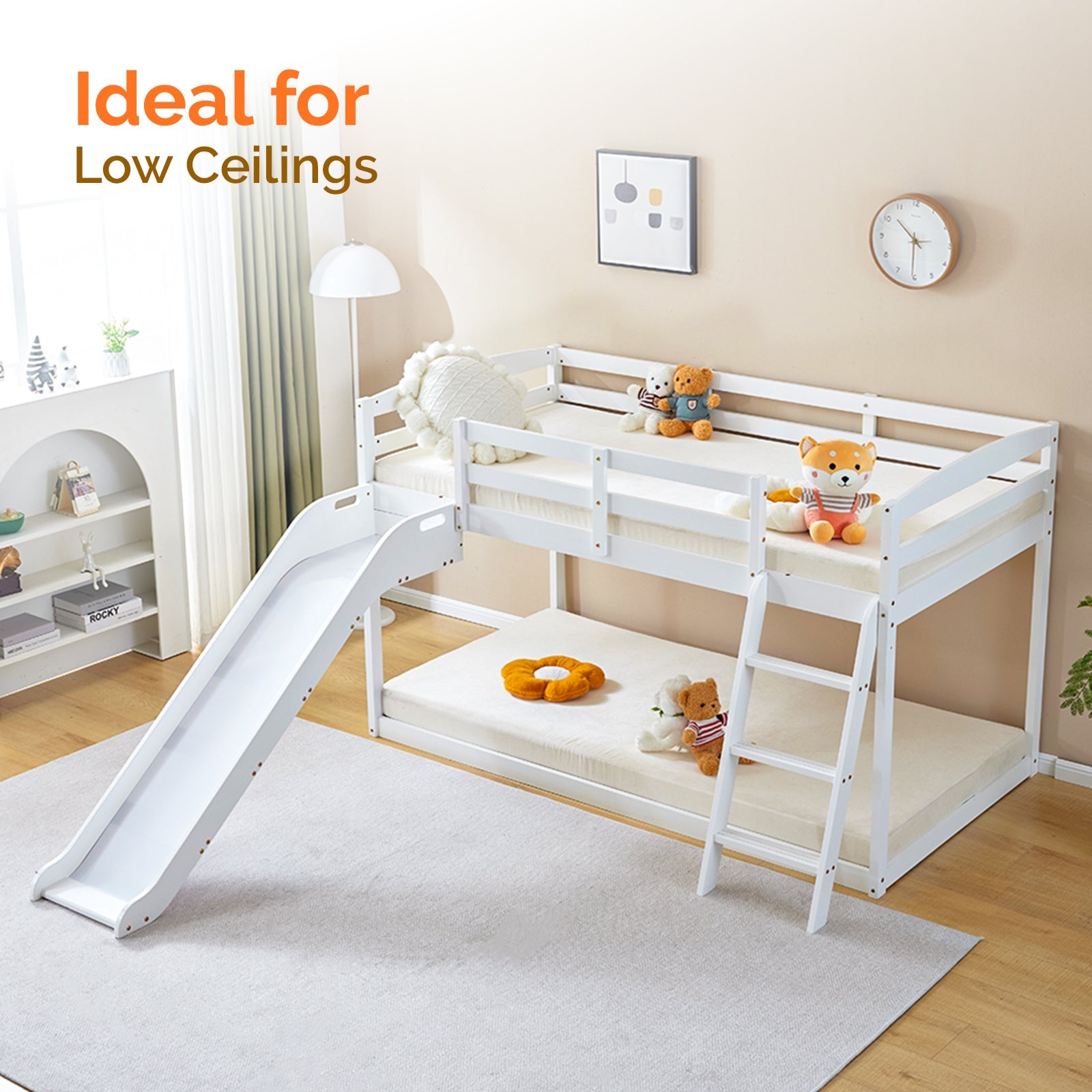 Low Bunk Bed Integrated Slide White Wood Toddler Bed