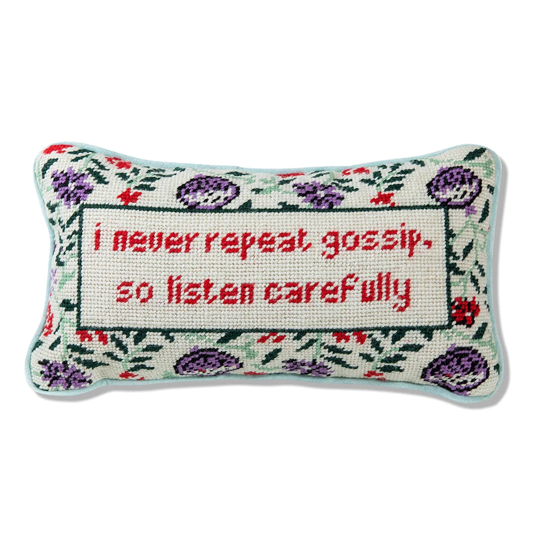 Lumbar Pillow with Humorous Gossip Quote and Floral Motif