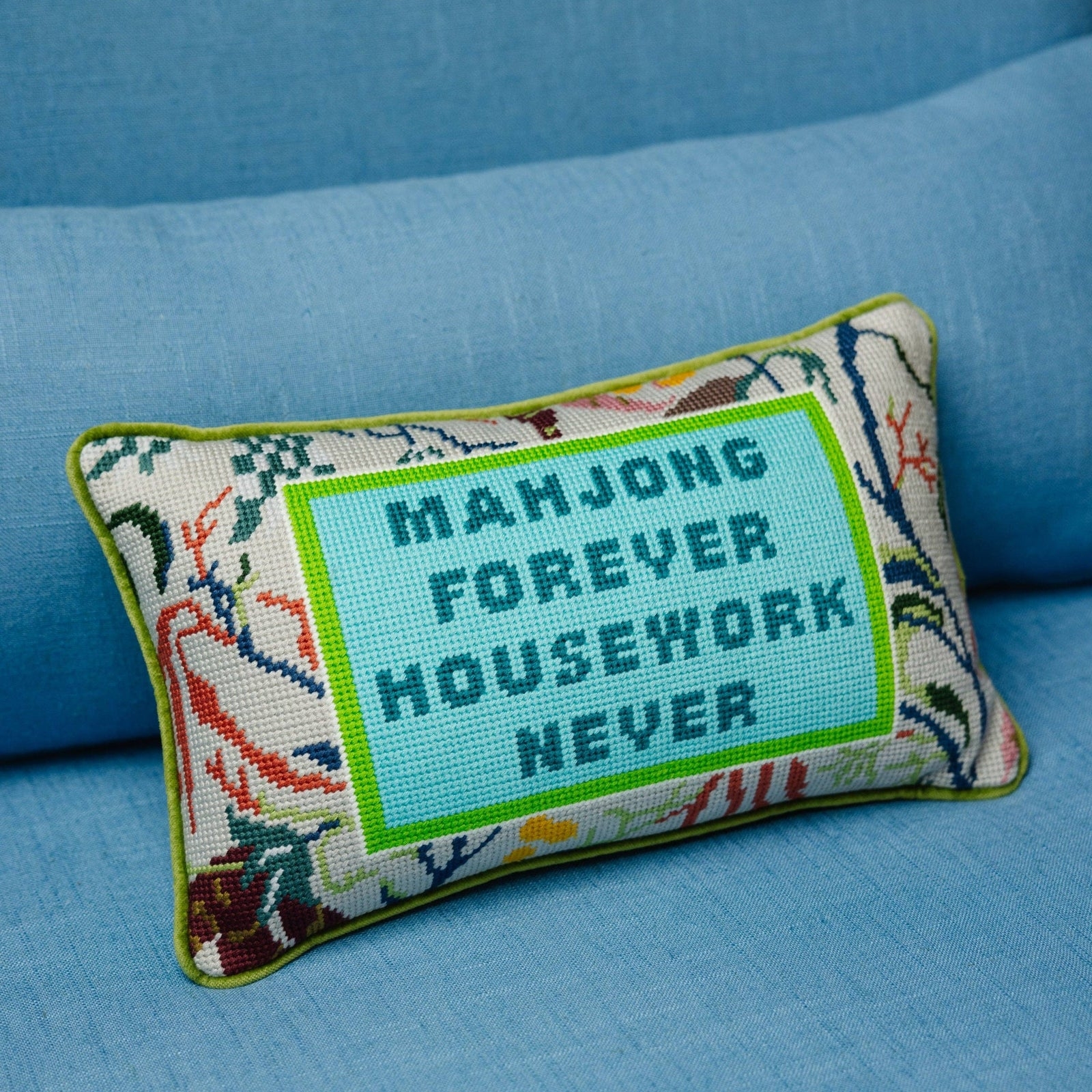 Lumbar Pillow with Mahjong Quote and Bright Lime Green Piping
