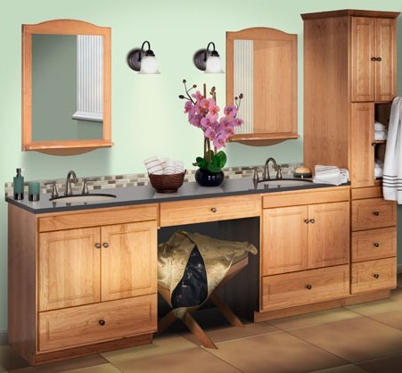 Makeup Sink Vanity: Honey Wood with Tall Linen Tower